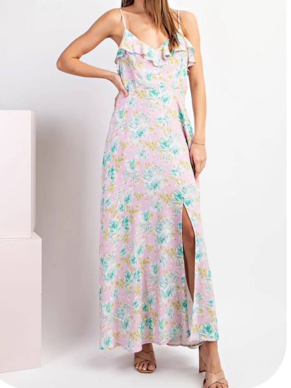 POL Pastel Floral Ruffle Maxi Dress in Pink and Mint
